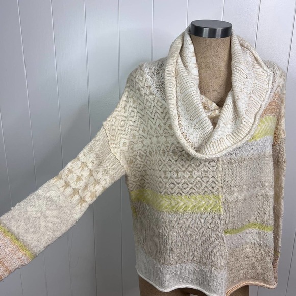 Free People Yellow and Tan Patchwork Oversized Cowl Neck Sweater SZ XS - Picture 2 of 10